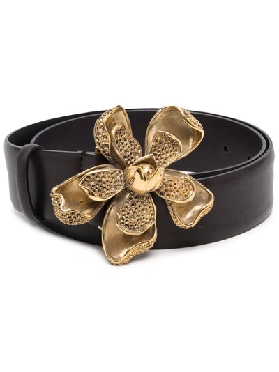 Alberta Ferretti Leather Belt With Maxi Flower Buckle In Black