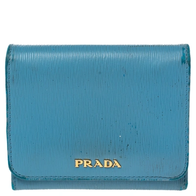 Pre-owned Prada Blue Vittello Move Leather Trifold Wallet