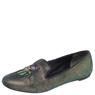 Pre-owned Tory Burch Multicolor Iridescent Leather Beetle Embroidered Smoking Slippers Size 38.5