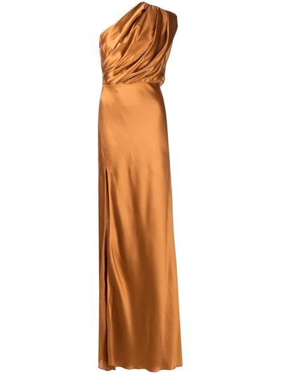 Michelle Mason Silk Asymmetrical Gathered Gown In Braun