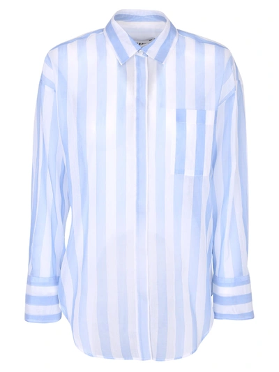 Msgm Round Hem Stripe Shirt In White,light Blue