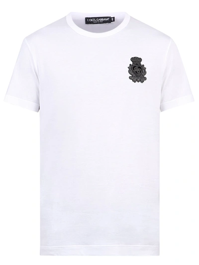 Dolce & Gabbana White Cotton T Shirt With Logo Patch In Bianco Ottico