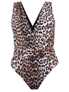 Ganni Black & Brown Recycled One-piece Swimsuit In Brown