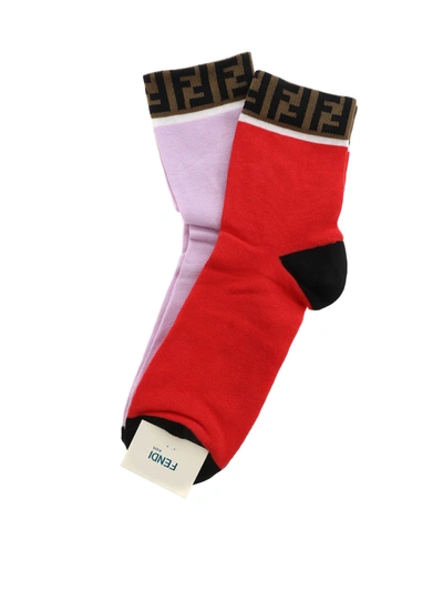 Fendi Logo Socks Set In Red And Lilac In Multi