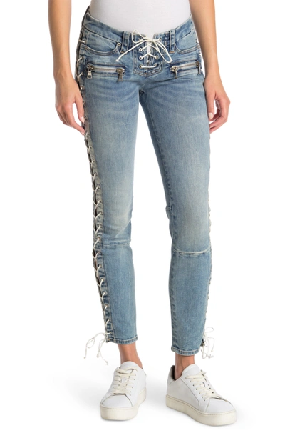 Ben Taverniti Unravel Project Vintage Low Rise Lace-up Skinny Jeans In Blue