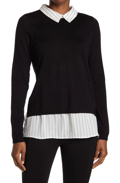 Adrianna Papell Shirttail Twofer Sweater In Black/ivory Vertical Pinstripe