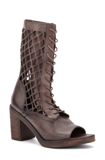 Vintage Foundry Normandy Leather Fishnet Cutout Block Heel Boot In Brown