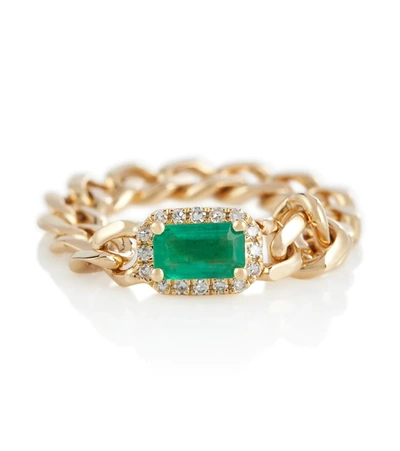 Shay Jewelry Baby Link 18kt Gold Ring With Diamonds And Emerald In Yellow Gold/emerald