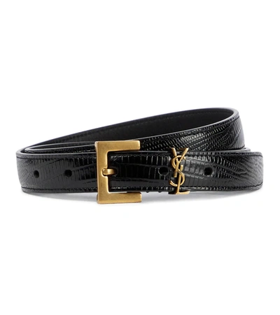 Saint Laurent Golden Ysl Monogram Croc-embossed Leather Belt In Black Gold