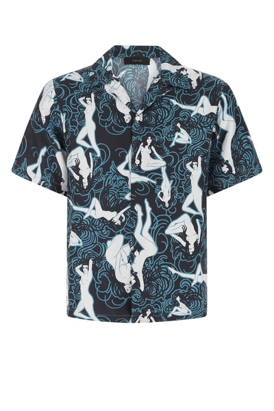 Amiri Mens Blue Graphic-print Short-sleeved Silk Shirt L
