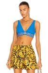 Versace Greca Border Triangle Bikini Top In Teal