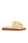 Chloé Woody Shearling-trimmed Logo-print Canvas Slides In Soft Tan