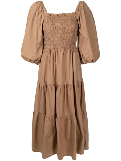 Sea Layered Shirred Midi Dress In Brown