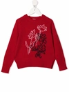 Il Gufo Floral-embroidery Wool Jumper In Red
