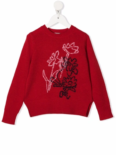 Il Gufo Kids' Floral-embroidery Wool Jumper In Red