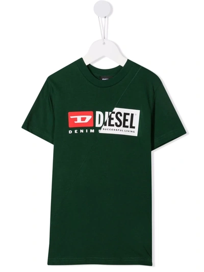 Diesel Kids' Tdiegocuty Double-logo Cotton T-shirt In Green