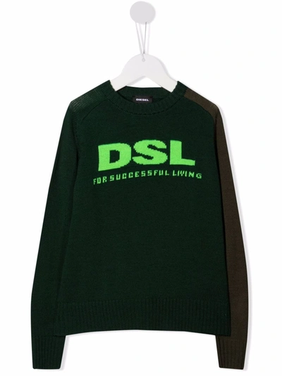 Diesel Kids' Logo-intarsia Panelled Jumper In Green