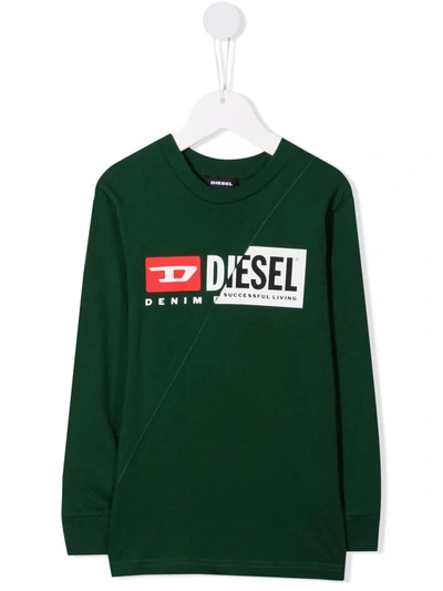 Diesel Kids' Tdiegocuty ml Dual-logo Cotton T-shirt In Green