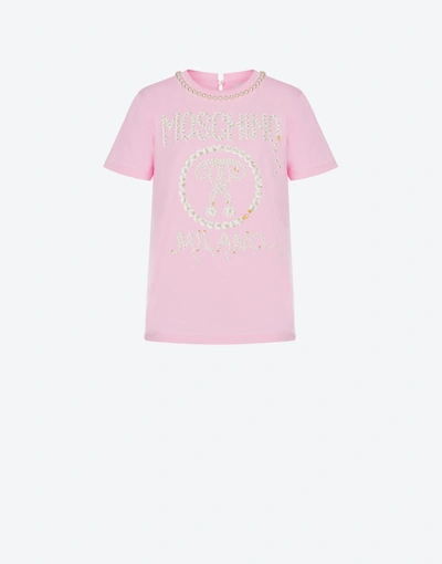Moschino Pearls Double Question Mark Jersey T-shirt In Pink