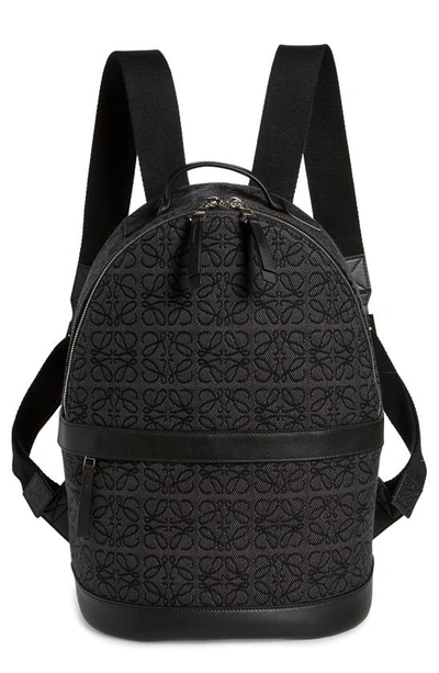 Loewe Backpack In Leather And Jacquard Canvas With All-over Anagram Motif In Black,grey