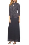 Alex Evenings Two-piece Jacquard Gown With Jacket In Smoke