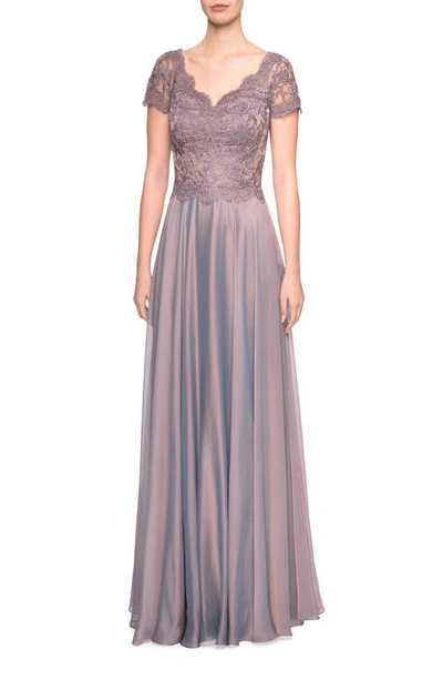 La Femme Embroidered Lace & Chiffon A-line Gown In Cocoa