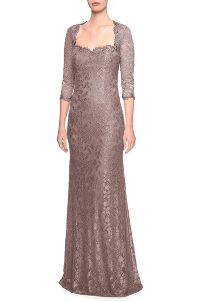 La Femme Lace Trumpet Gown In Cocoa