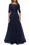 La Femme Lace & Tulle Gown In Navy In Navy