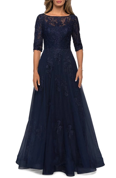 La Femme Lace & Tulle Gown In Navy