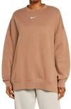 Nike Sportswear Collection Essentials Oversize Fleece Crew Sweatshirt In Archaeo Brown/ White