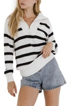 English Factory Striped Knit Zip Pullover Sweater In White