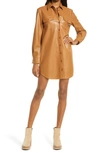Bb Dakota By Steve Madden Faux Leather Long Sleeve Mini Shirtdress In Dark Camel