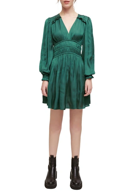 Maje Rianna Smock Waist Long Sleeve Satin Dress In Vert_fonce