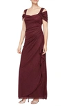 ALEX EVENINGS COLD SHOULDER RUFFLE GLITTER CHIFFON GOWN,133026