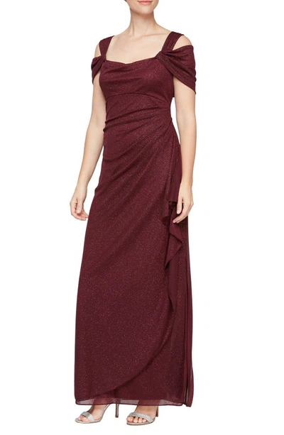 ALEX EVENINGS ALEX EVENINGS COLD SHOULDER RUFFLE GLITTER CHIFFON GOWN,133026