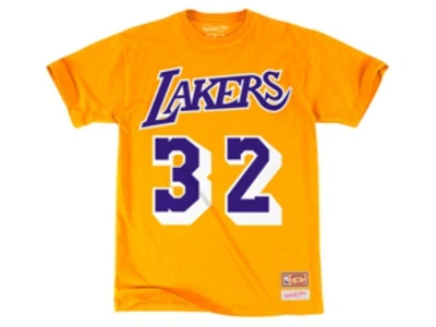 Mitchell & Ness Los Angeles Lakers Men's Magic Johnson Hardwood Print Player T-shirt In Yellow