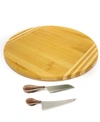 BERGHOFF BAMBOO 3 PIECE ROUND BOARD AND AARON PROBYN CHEESE KNIVES SET