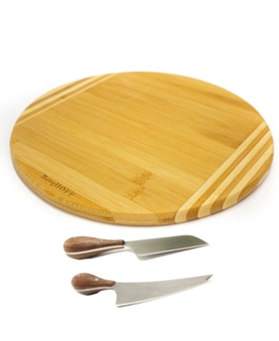 BERGHOFF BAMBOO 3 PIECE ROUND BOARD AND AARON PROBYN CHEESE KNIVES SET