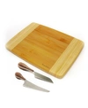 BERGHOFF BAMBOO 3 PIECE TWO-TONED BOARD AND AARON PROBYN CHEESE KNIVES SET