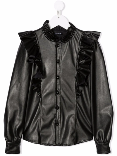 Monnalisa Kids' Faux-leather Ruffled Shirt In Black