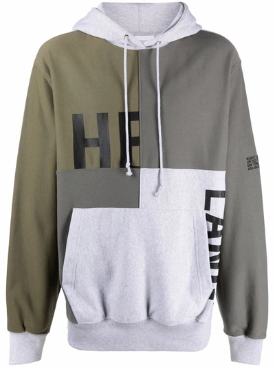 Helmut Lang Patchwork Logo-print Pullover Hoodie In Seaweed/slate/vapor