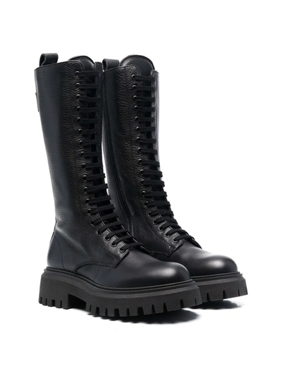 Msgm Teen Leather Lace-up Boots In Black