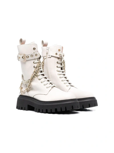 Elisabetta Franchi La Mia Bambina White Teen Boots With Chains, Round Tip And Laces Kids In Avorio
