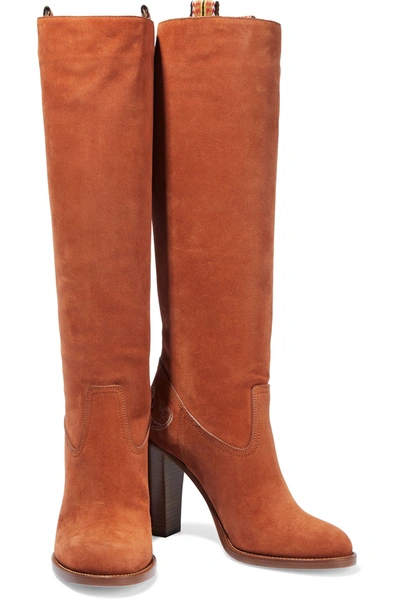 Etro Embroidered Suede Knee Boots In Tan