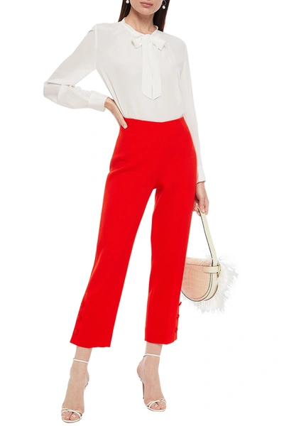 Lela Rose Cropped Embellished Wool-blend Crepe Straight-leg Trousers In Red