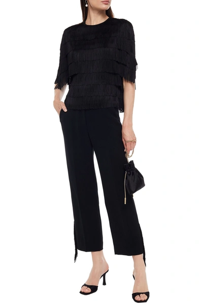 Lela Rose Cropped Fringed Stretch-crepe Straight-leg Trousers In Black