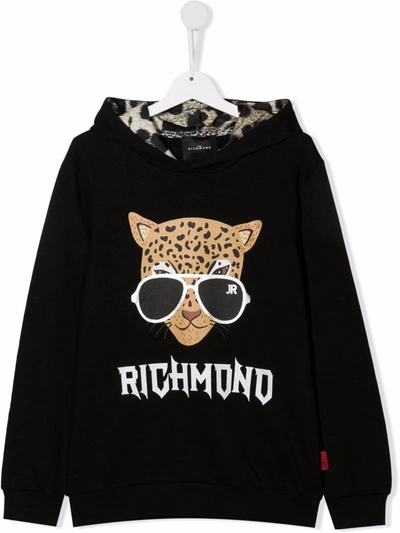 John Richmond Junior Teen Tiger-print Cotton Hoodie In 黑色