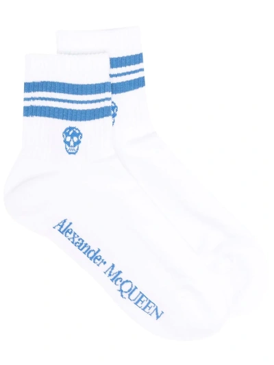 Alexander Mcqueen Stripe & Skull Sport Socks In White Blue
