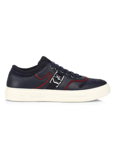 Ferragamo Noris Leather Low-top Sneakers In Blu Gargon