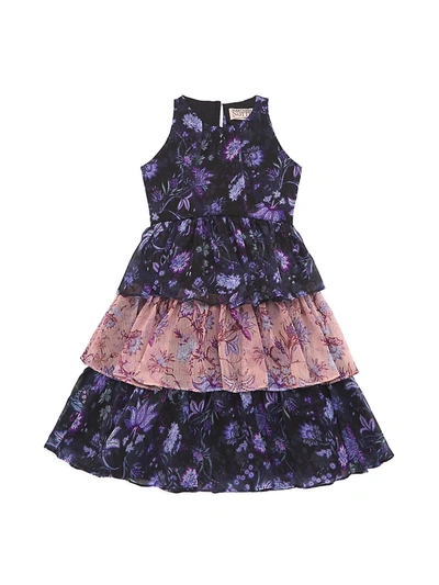 Marchesa Kids' Little Girl's & Girl's Floral Print Chiffon Tiered Dress In Black Multi